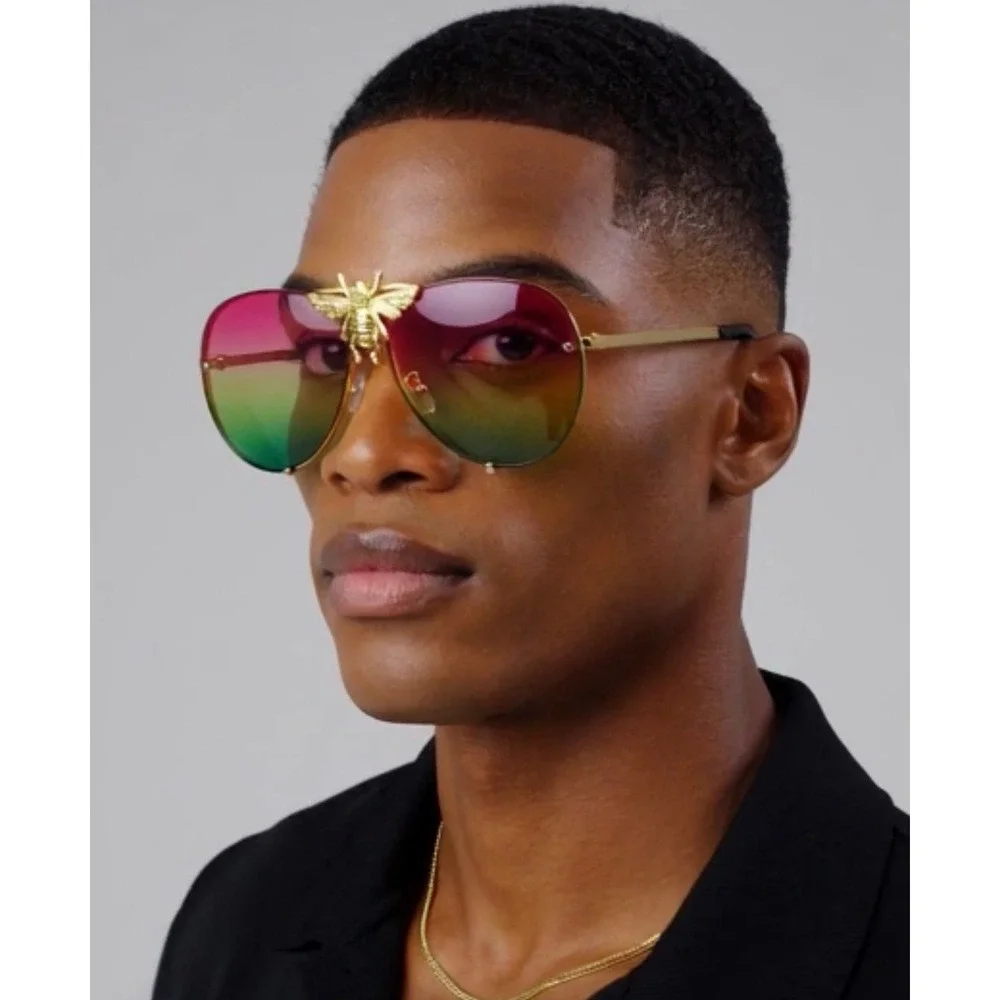 Men Sunglasses Rainbow Lens Gold Frame Fashion Statement Sun Glasses Hip Hop New